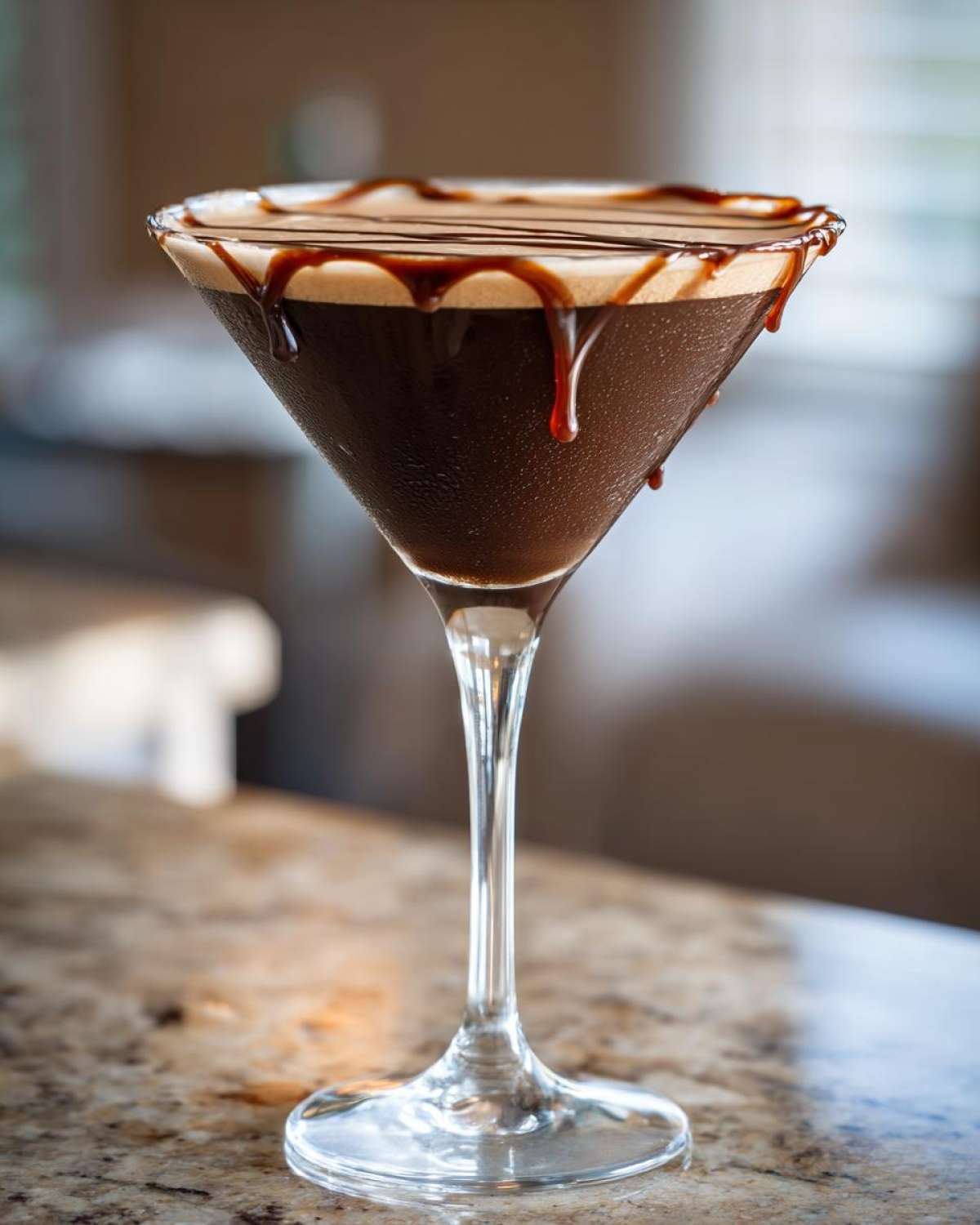 A rich, dark chocolate martini in a chilled glass, topped with foam and drizzled with chocolate syrup.