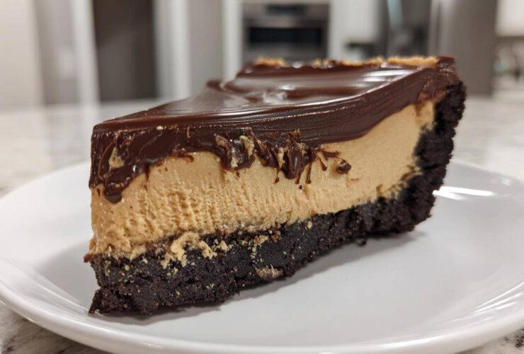 A thick slice of chocolate peanut butter pie with a dark crust, creamy peanut butter filling, and glossy chocolate topping.