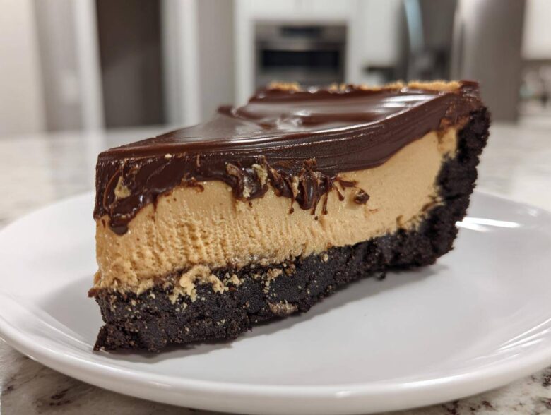 A thick slice of chocolate peanut butter pie with a dark crust, creamy peanut butter filling, and glossy chocolate topping.