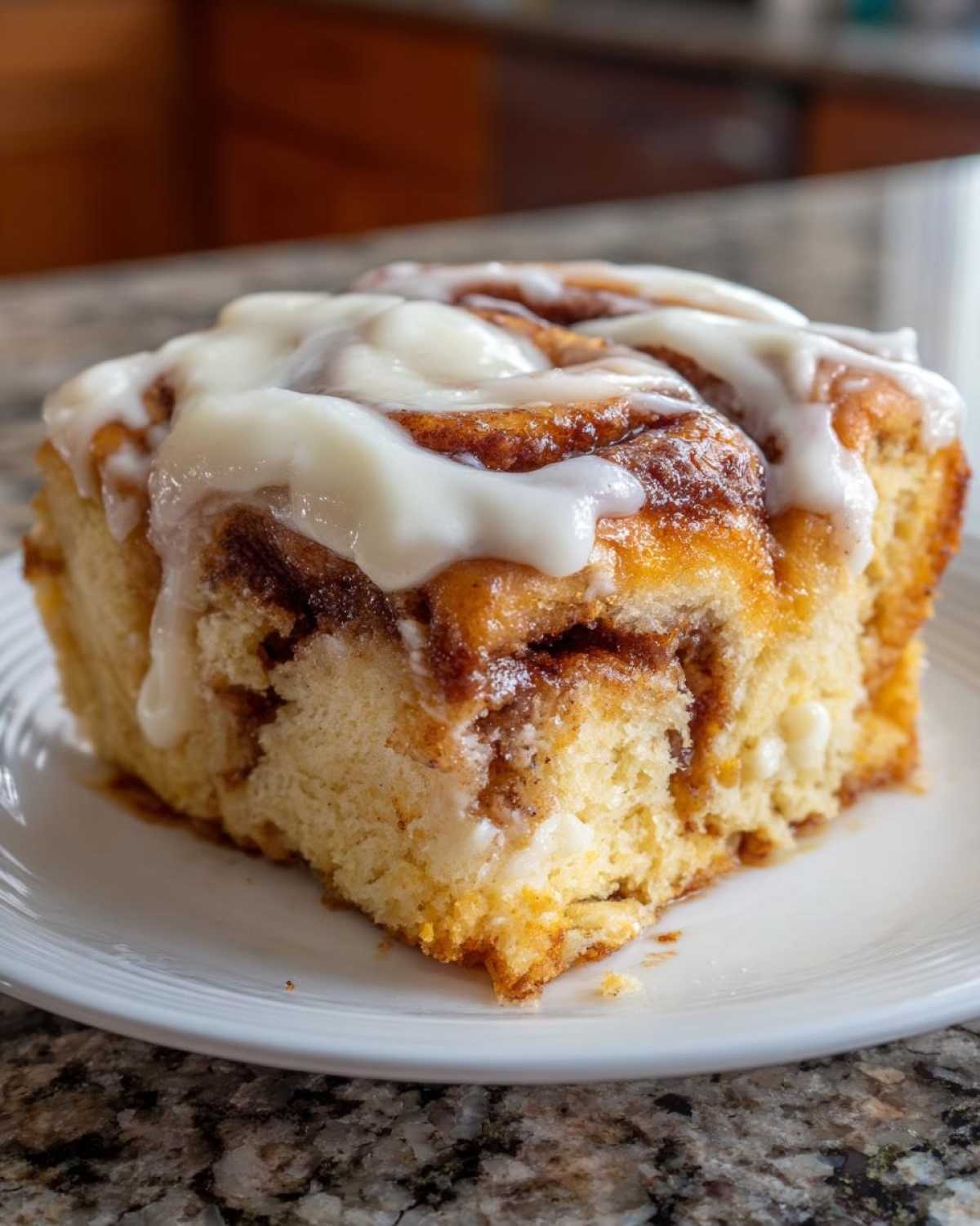 Close-up of a square slice of moist cinnamon roll cake topped with thick white icing.