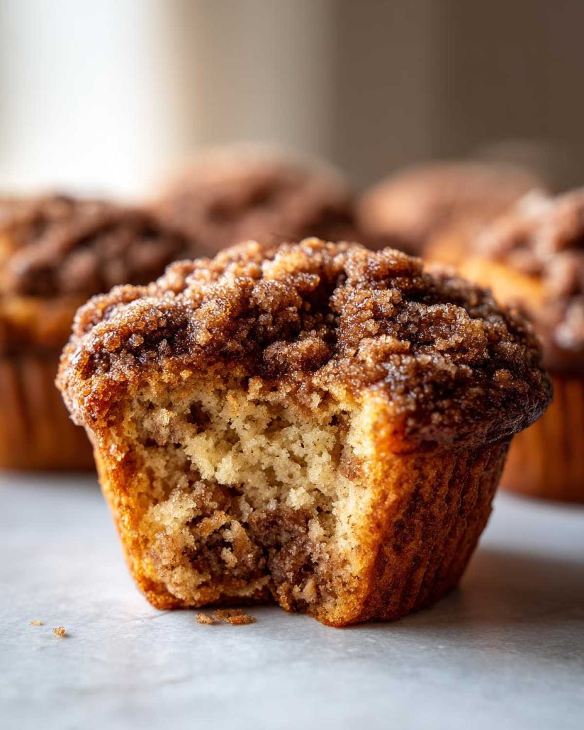 Close-up of a Coffee Cake Banana Bread Muffin with a bite taken out, showing the moist interior and thick cinnamon streusel topping.