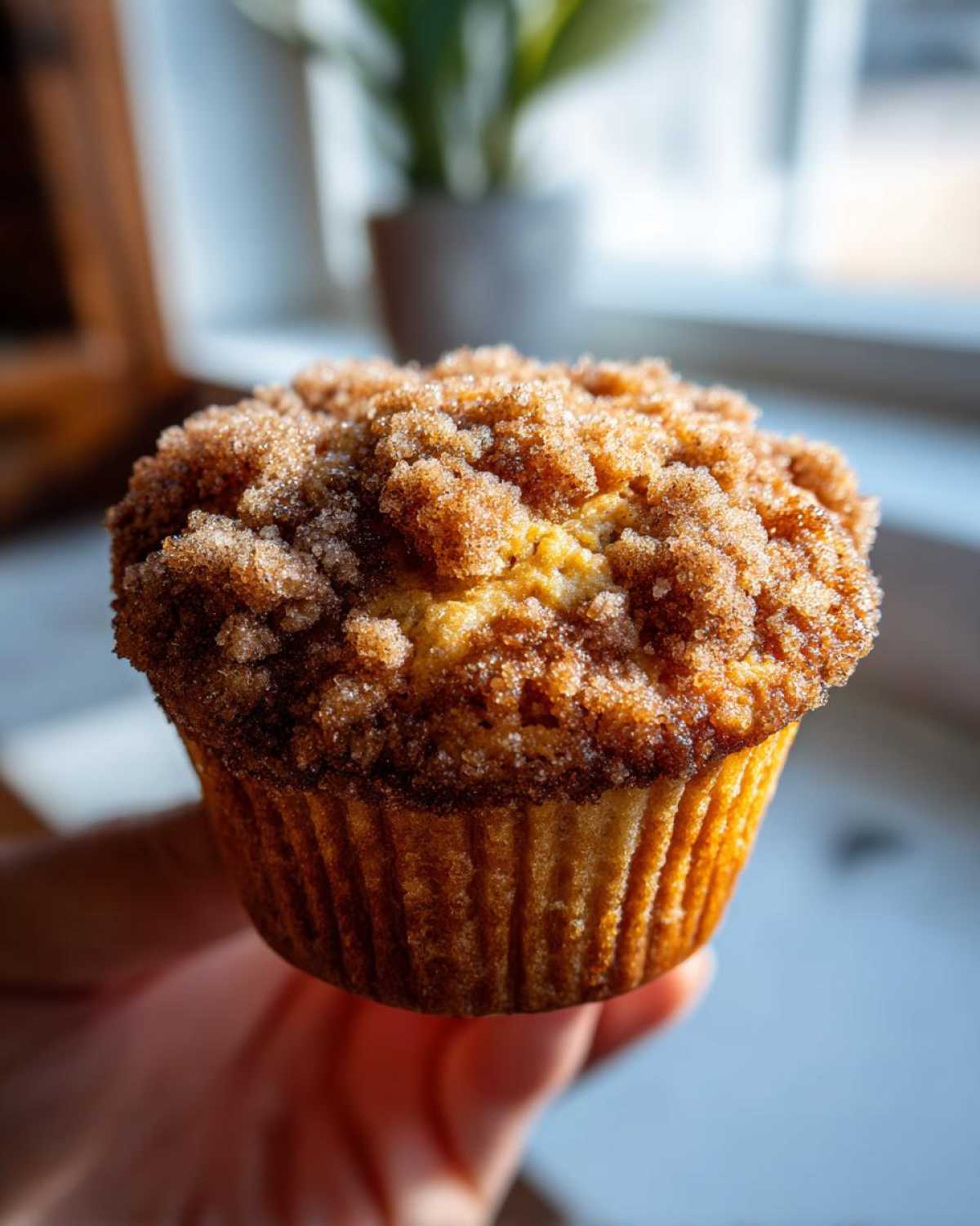 A single, perfectly baked Coffee Cake Banana Bread Muffin topped with a thick, sugary cinnamon streusel, held up to the light.