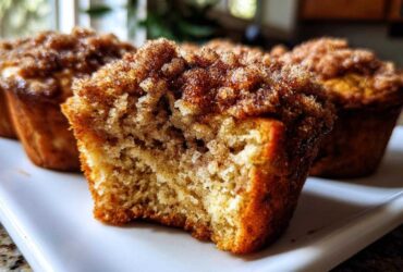 A close-up shot of a Coffee Cake Banana Bread Muffin broken open, showing the moist interior and thick cinnamon streusel topping.