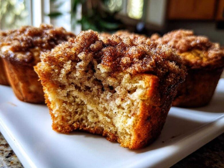 A close-up shot of a Coffee Cake Banana Bread Muffin broken open, showing the moist interior and thick cinnamon streusel topping.