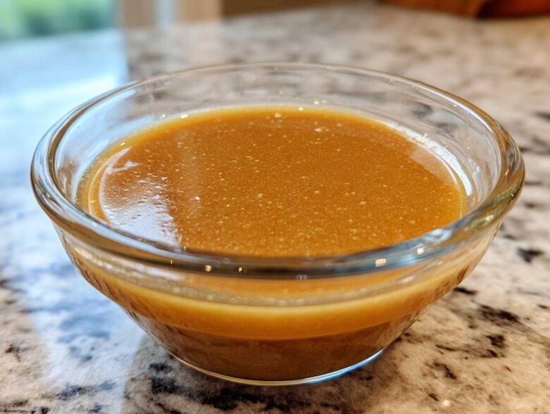 Close-up of rich, amber Copycat Apple Cider Vinaigrette dressing in a small clear glass bowl.