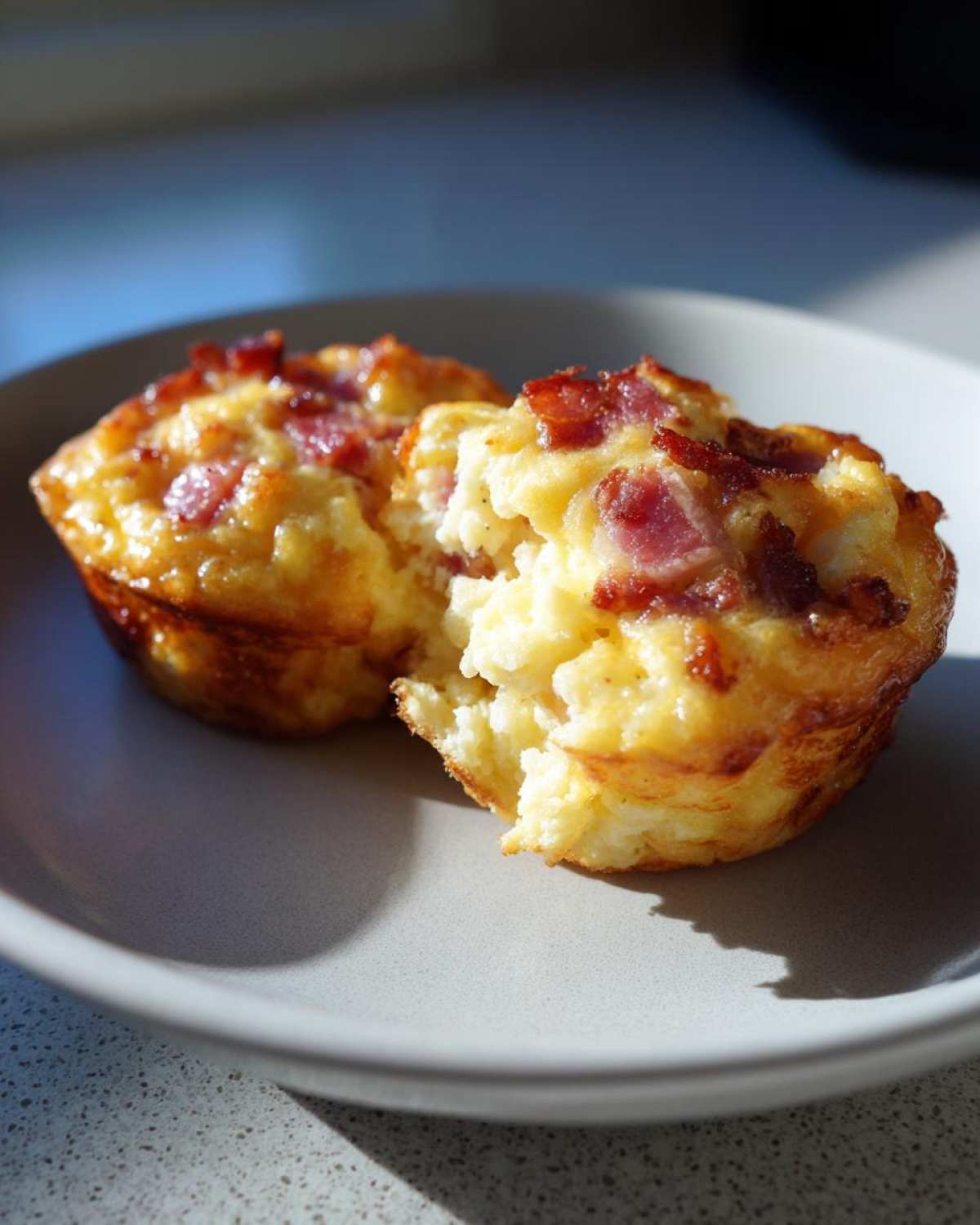 Two Copycat Café-Style Bacon Gruyere Egg Bites on a plate, one broken open showing the fluffy interior.