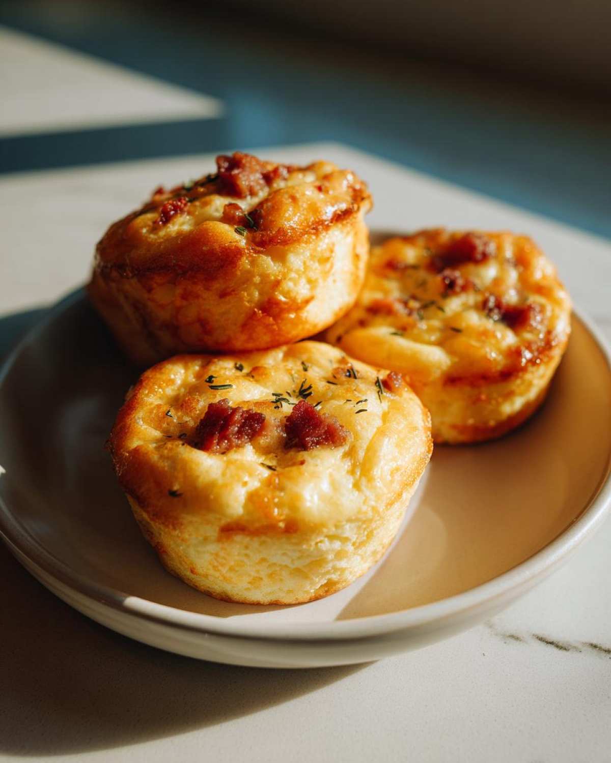 Three golden Copycat Café-Style Bacon Gruyere Egg Bites stacked slightly on a small beige plate.