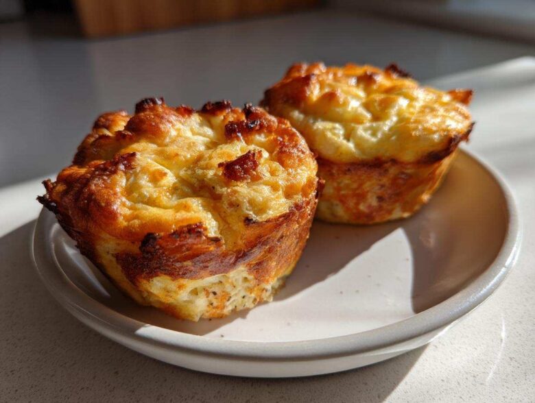 Two golden-brown Copycat Café-Style Bacon Gruyere Egg Bites served on a small white plate in bright sunlight.