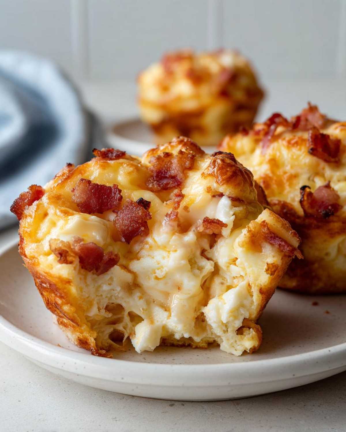 Close-up of a Copycat Café-Style Bacon Gruyere Egg Bites with a bite removed, showing the fluffy interior.