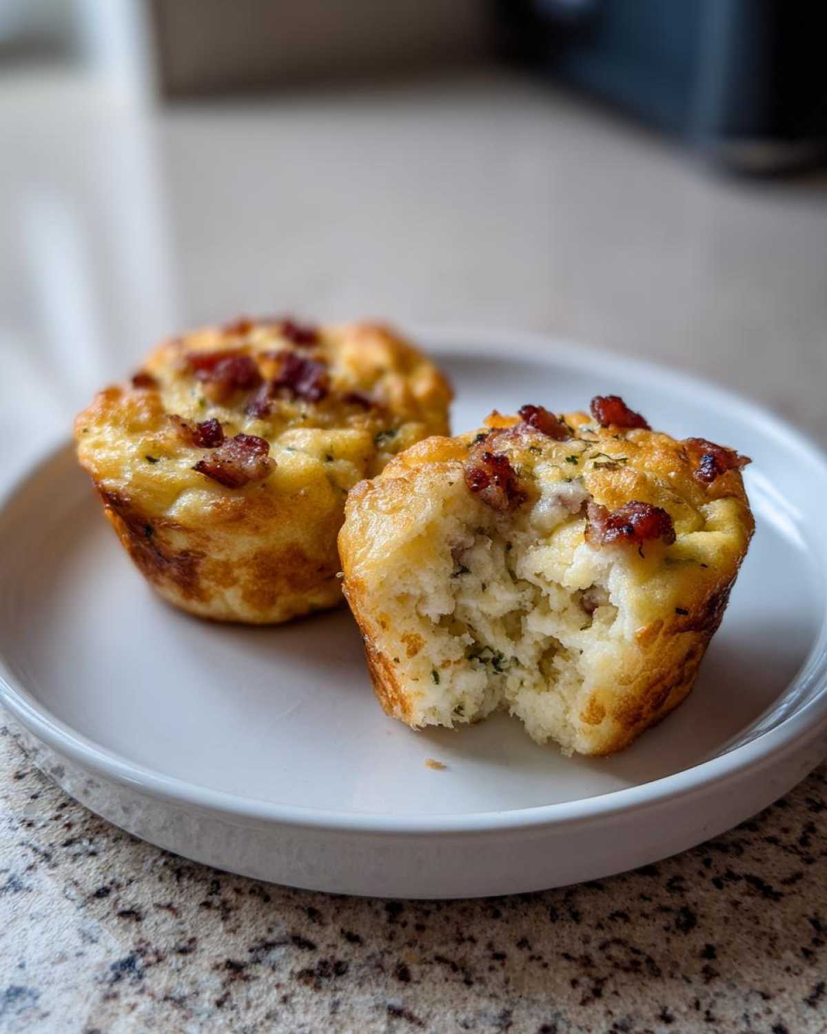 Two Copycat Café-Style Bacon Gruyere Egg Bites on a white plate, one with a bite taken out showing the fluffy interior.