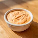 A small white bowl filled with creamy Copycat Classic Burger Spread Sauce, showing flecks of red spice, sitting on a wooden surface.