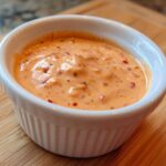 A close-up of creamy, orange-hued Copycat Classic Burger Spread Sauce speckled with red pepper flakes in a white ramekin.