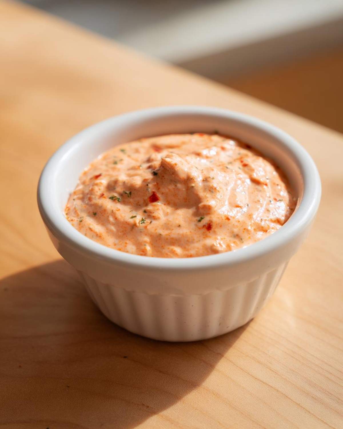 Close-up of creamy, orange-hued Copycat Classic Burger Spread Sauce speckled with herbs and spices in a white ramekin.