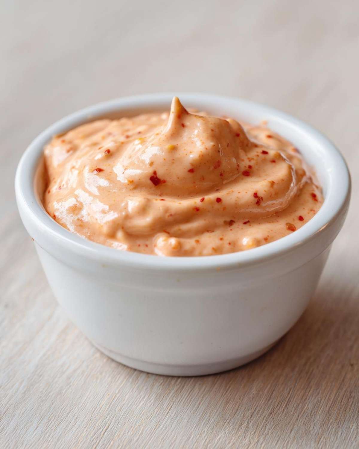 A small white ramekin filled with creamy, orange-hued Copycat Classic Burger Spread Sauce, showing flecks of red spice.