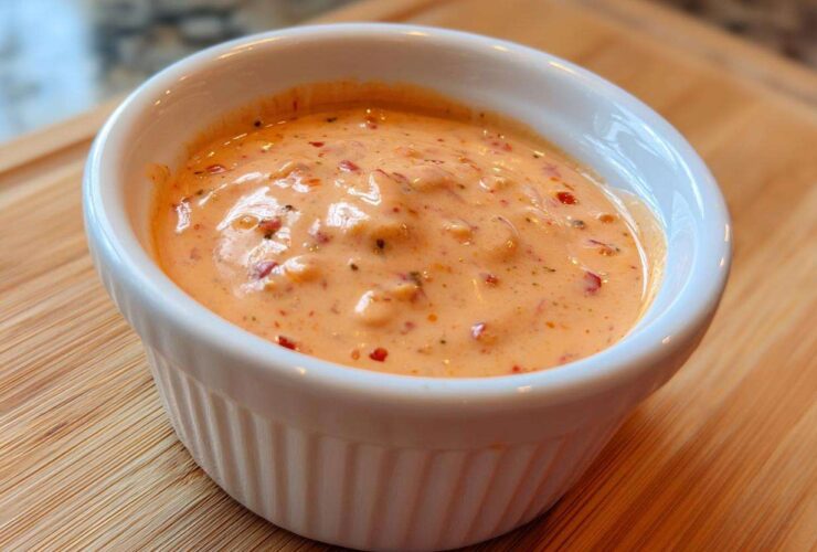 A close-up of creamy, orange-hued Copycat Classic Burger Spread Sauce speckled with red pepper flakes in a white ramekin.