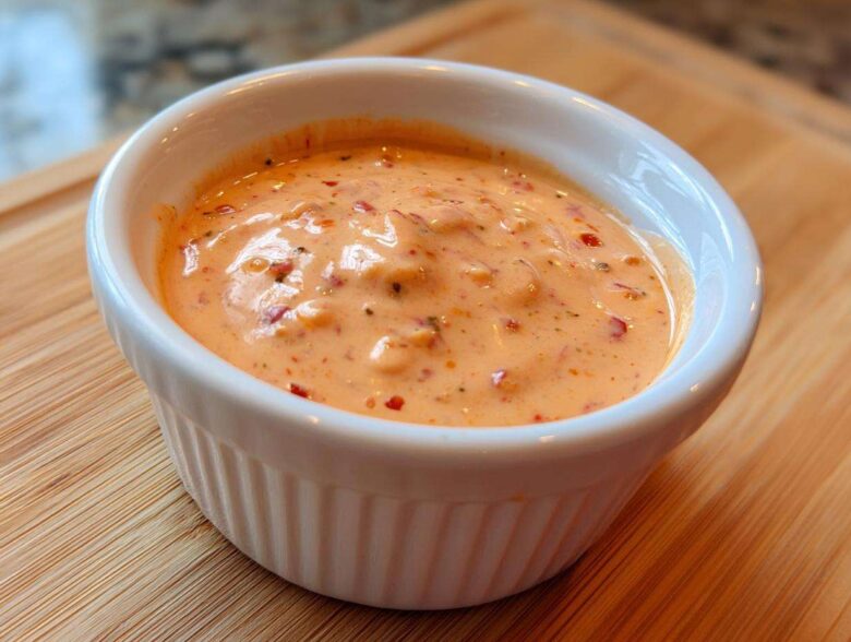 A close-up of creamy, orange-hued Copycat Classic Burger Spread Sauce speckled with red pepper flakes in a white ramekin.
