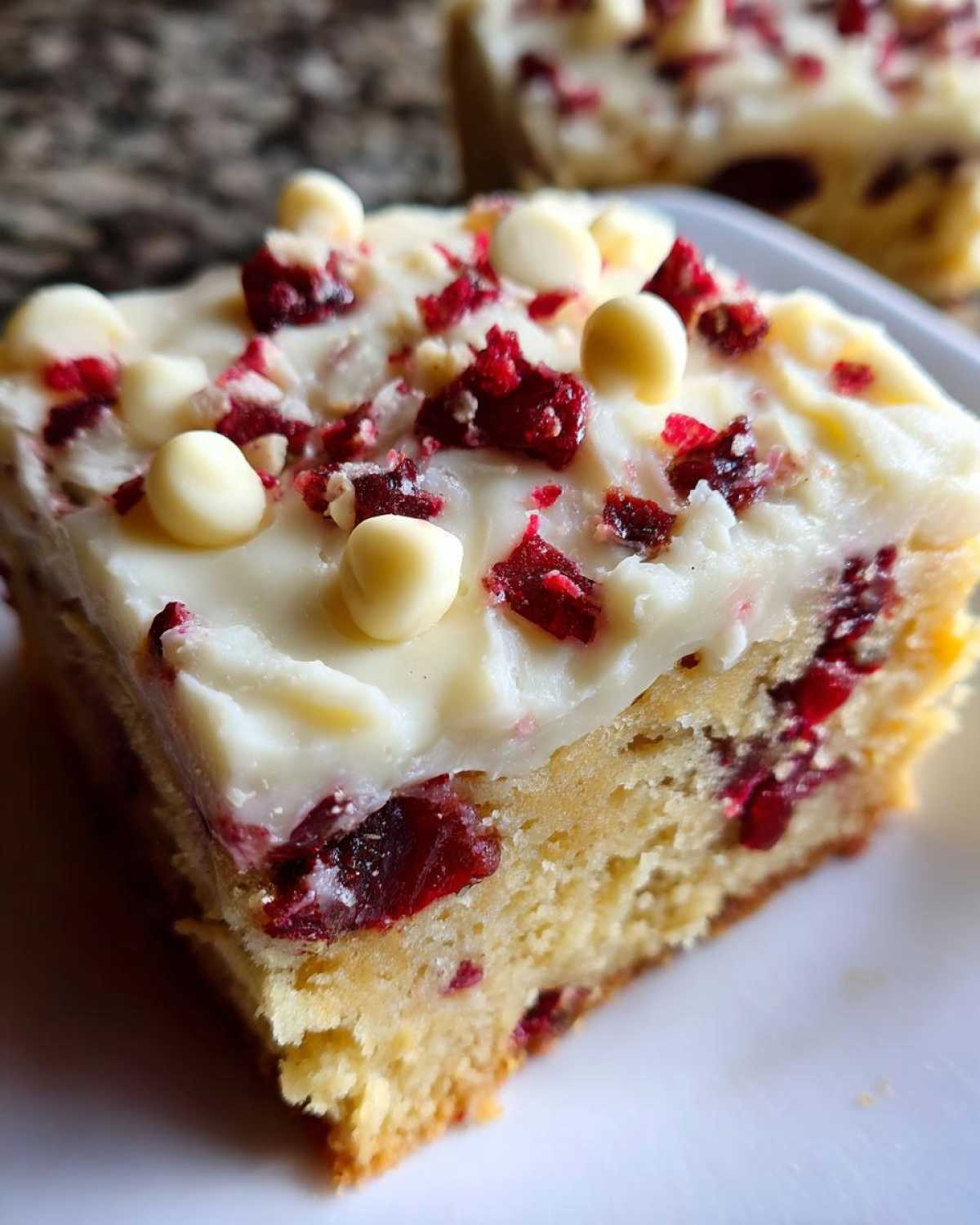 A close-up of a single serving of copycat cranberry bliss bars, featuring a blondie base, white frosting, dried cranberries, and white chocolate chips.