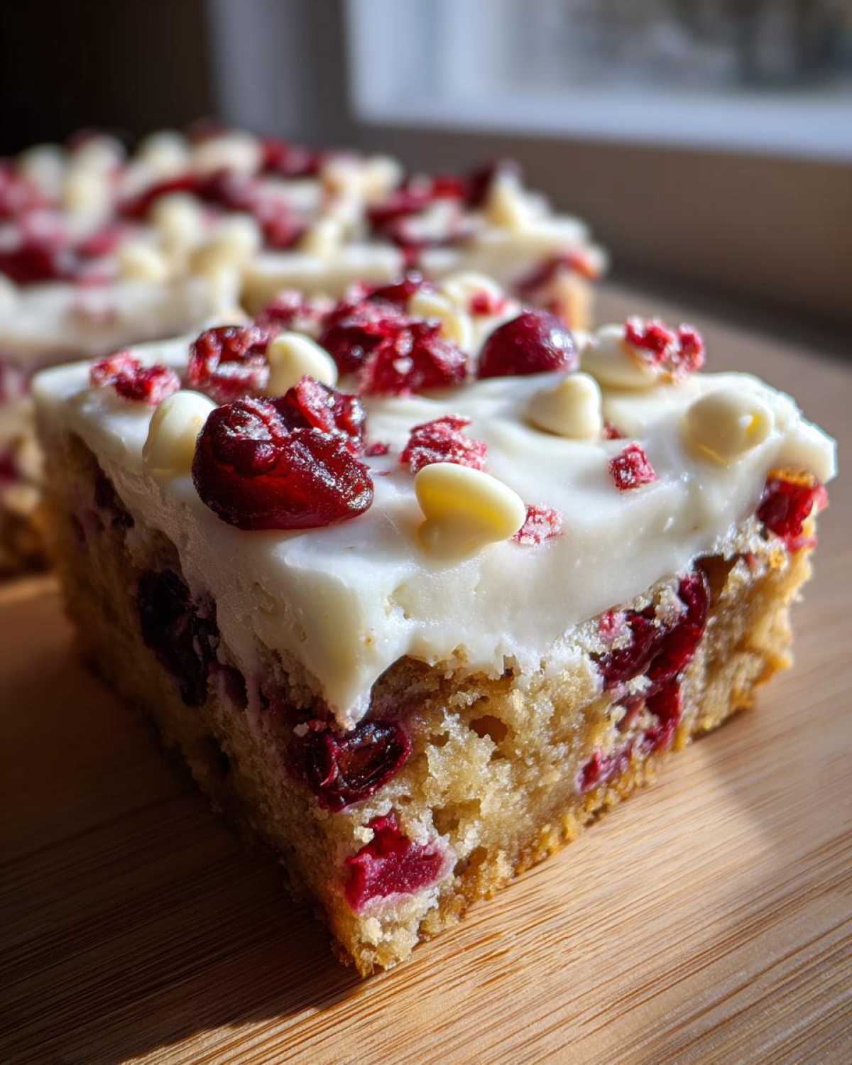 A close-up of a single slice of copycat cranberry bliss bars, featuring a blondie base, white frosting, and topped with dried cranberries and white chocolate chips.