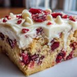A close-up of a single square of cranberry bliss bars, featuring a dense blondie base studded with cranberries, topped with white frosting and white chocolate chips.