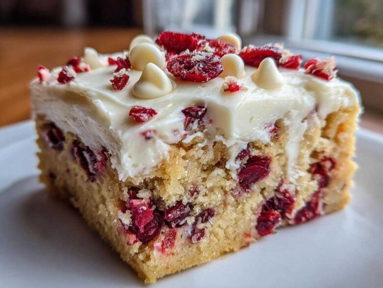 A close-up of a single square of cranberry bliss bars, featuring a dense blondie base studded with cranberries, topped with white frosting and white chocolate chips.