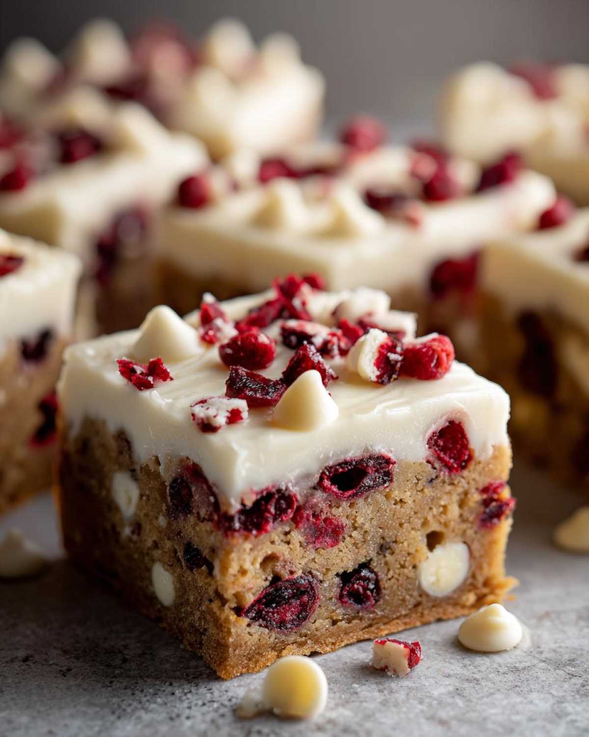 A single square of copycat cranberry bliss bars featuring a blondie base, white frosting, and dried cranberries.