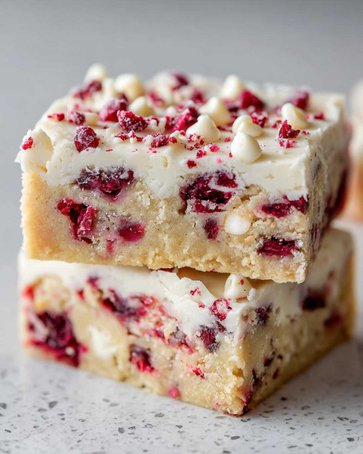 Two stacked, square copycat cranberry bliss bars featuring a blondie base, white frosting, and topped with white chocolate chips and dried cranberry pieces.