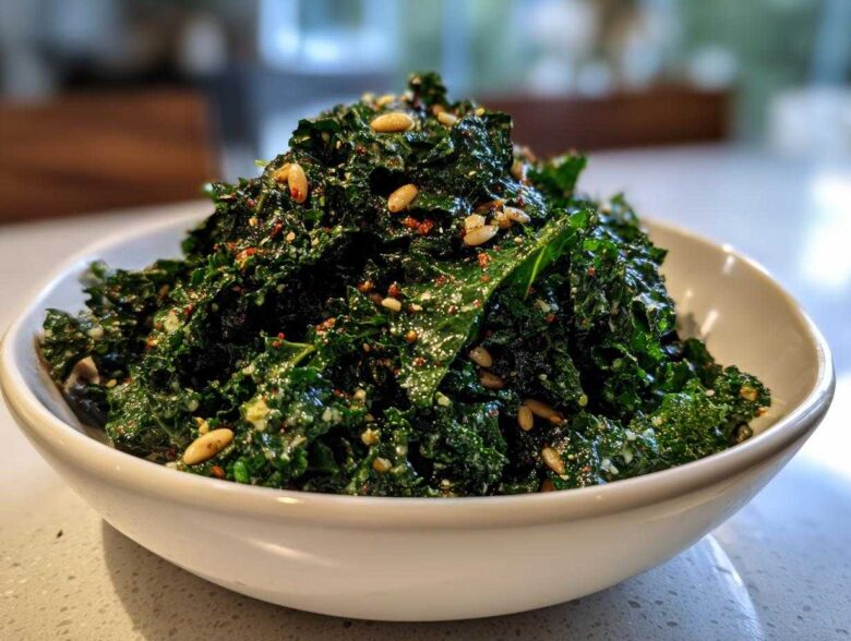 A white bowl filled with massaged kale, pine nuts, and spices, representing the Copycat Kale Crunch Salad.