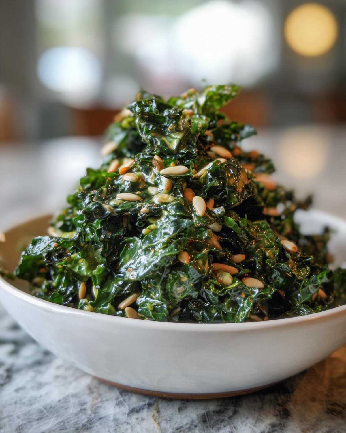 Close-up of Copycat Kale Crunch Salad tossed in dressing and topped with pine nuts and seeds, served in a white bowl.