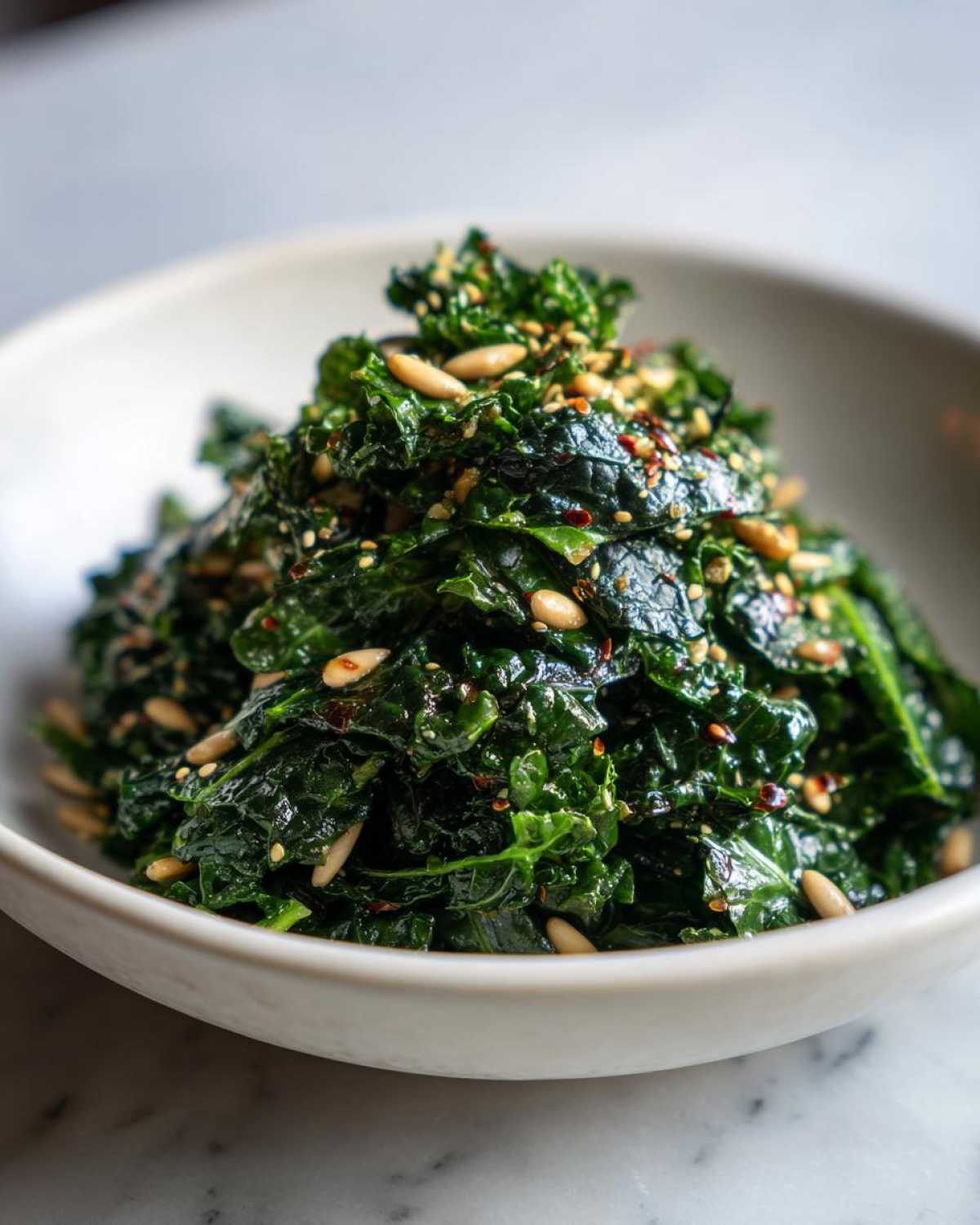 A close-up of the Copycat Kale Crunch Salad, featuring dark green massaged kale topped with pine nuts and sesame seeds.