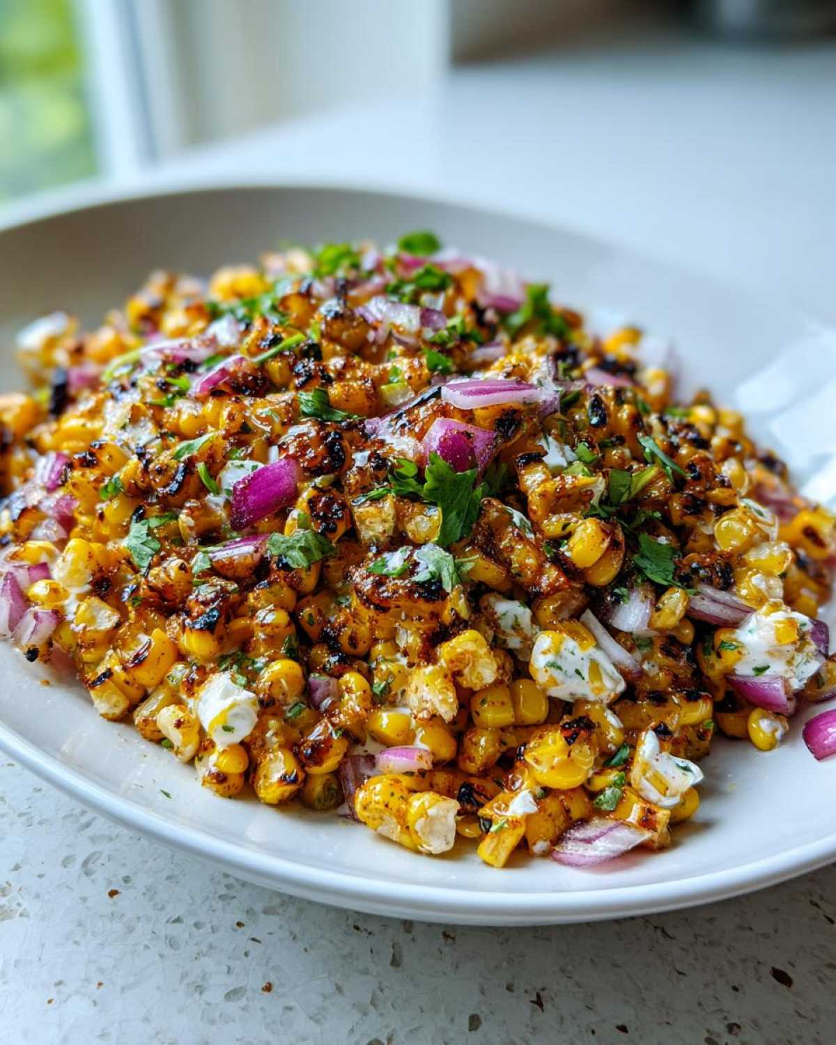 A close-up of vibrant Copycat Mexican Grill Corn Salsa featuring charred corn, red onions, and creamy white cheese.