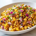 Close-up of charred corn kernels mixed with red onion, cilantro, and a creamy dressing, ready to serve as Copycat Mexican Grill Corn Salsa.