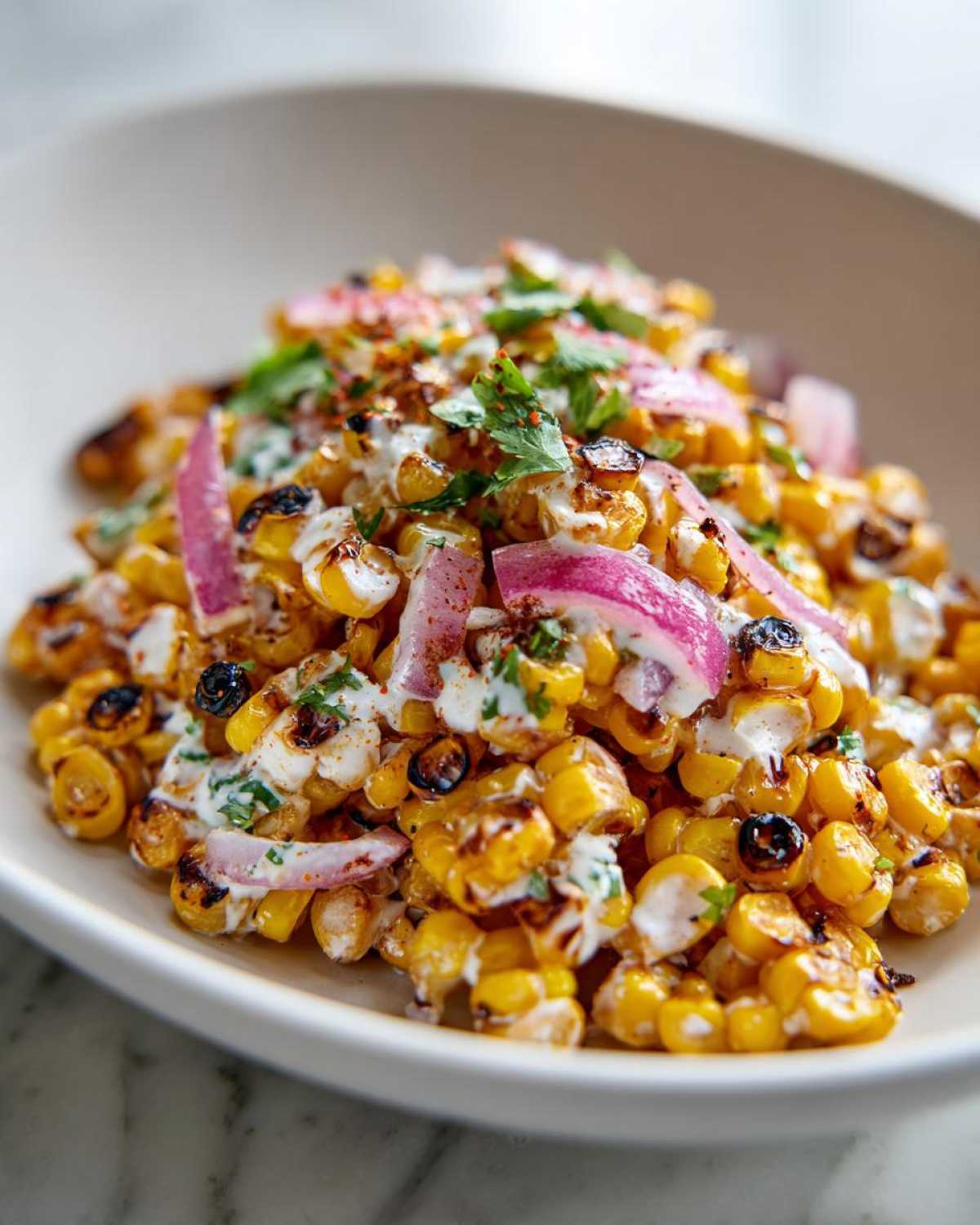 A close-up of vibrant Copycat Mexican Grill Corn Salsa featuring charred corn kernels, creamy sauce, red onion slices, and cilantro.