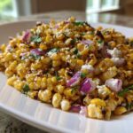 A close-up of charred corn kernels mixed with red onion, white cheese crumbles, and cilantro, representing the Copycat Mexican Grill Corn Salsa.