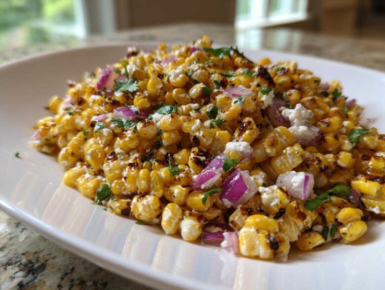 A close-up of charred corn kernels mixed with red onion, white cheese crumbles, and cilantro, representing the Copycat Mexican Grill Corn Salsa.