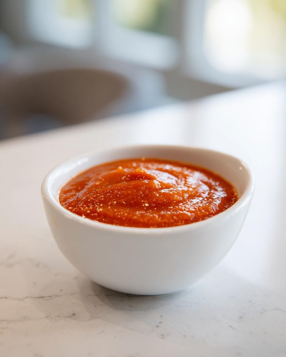 Close-up of thick, vibrant orange-red Copycat Sweet-Tangy Polynesian Dipping Sauce in a small white bowl.