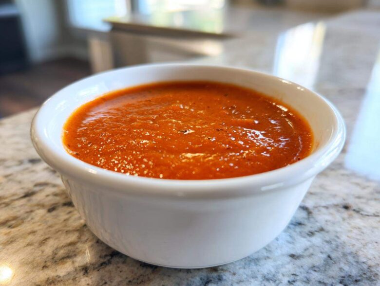 Close-up of bright orange Copycat Sweet-Tangy Polynesian Dipping Sauce served in a small white ramekin on a granite counter.