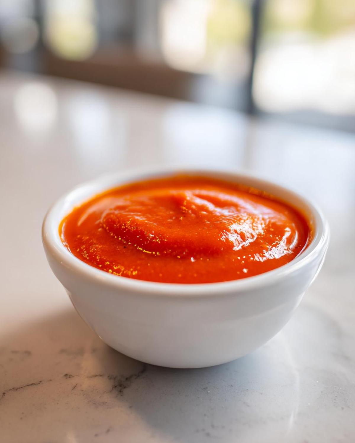 Close-up of a small white bowl filled with vibrant orange-red Copycat Sweet-Tangy Polynesian Dipping Sauce.