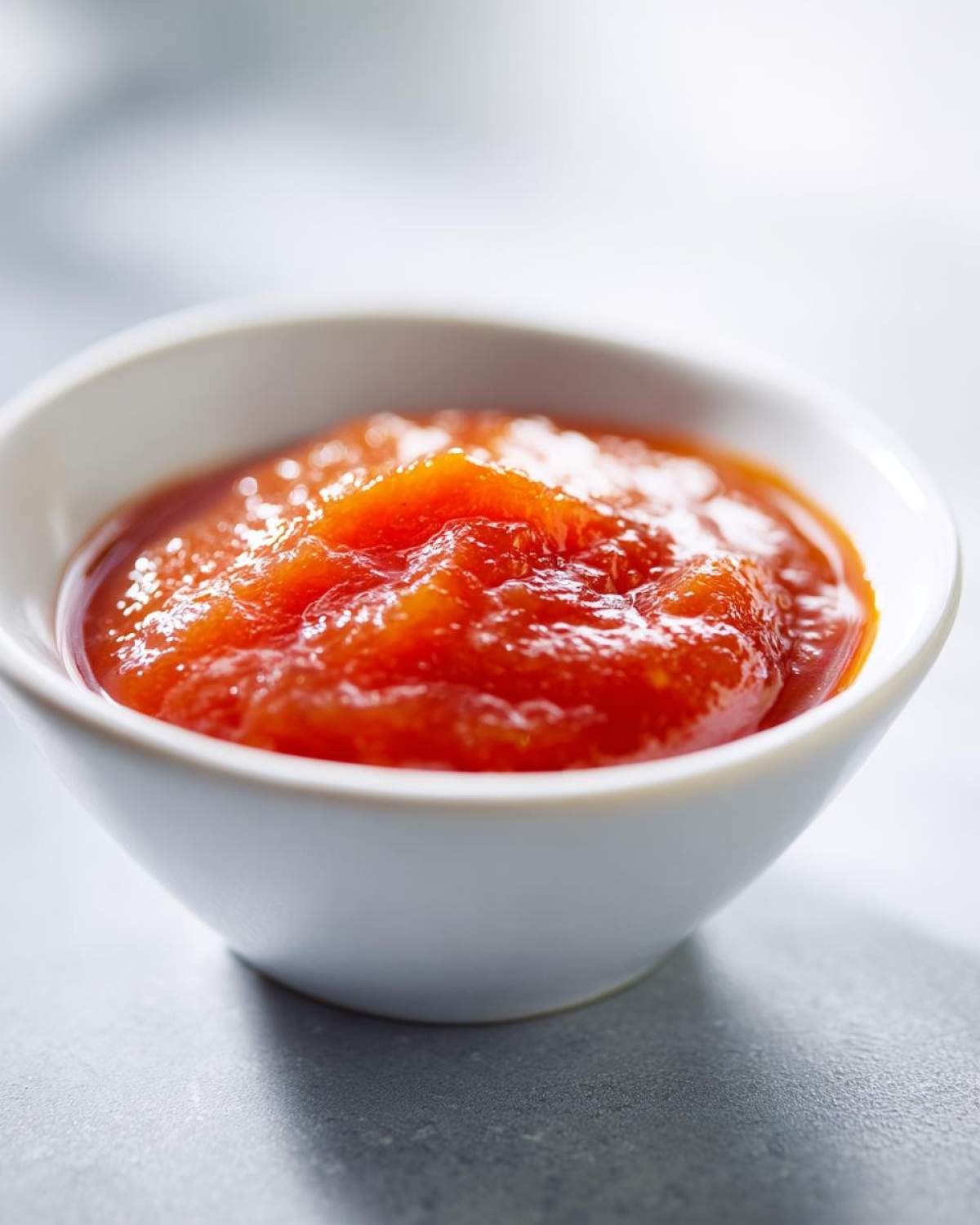 Close-up of vibrant, thick Copycat Sweet-Tangy Polynesian Dipping Sauce in a small white bowl.