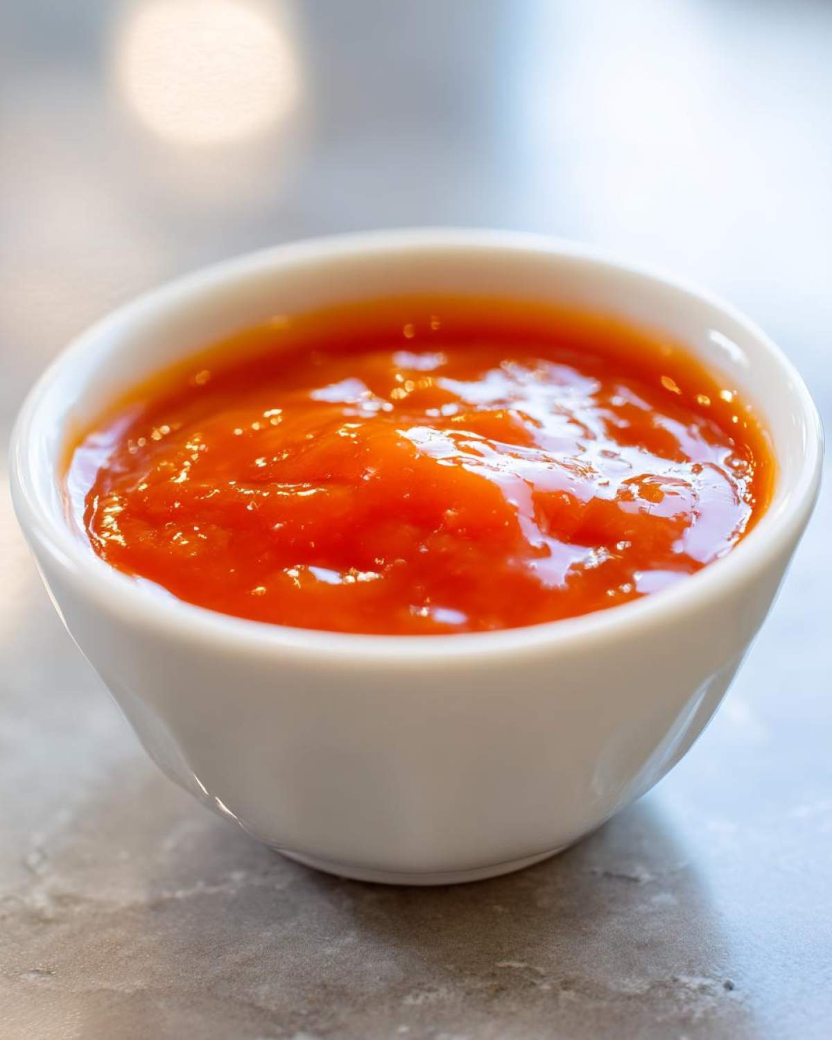 Close-up of vibrant orange Copycat Sweet-Tangy Polynesian Dipping Sauce in a small white ramekin.