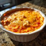 A close-up of a baked cottage cheese buffalo chicken dip topped with melted orange cheese in a white ceramic dish.
