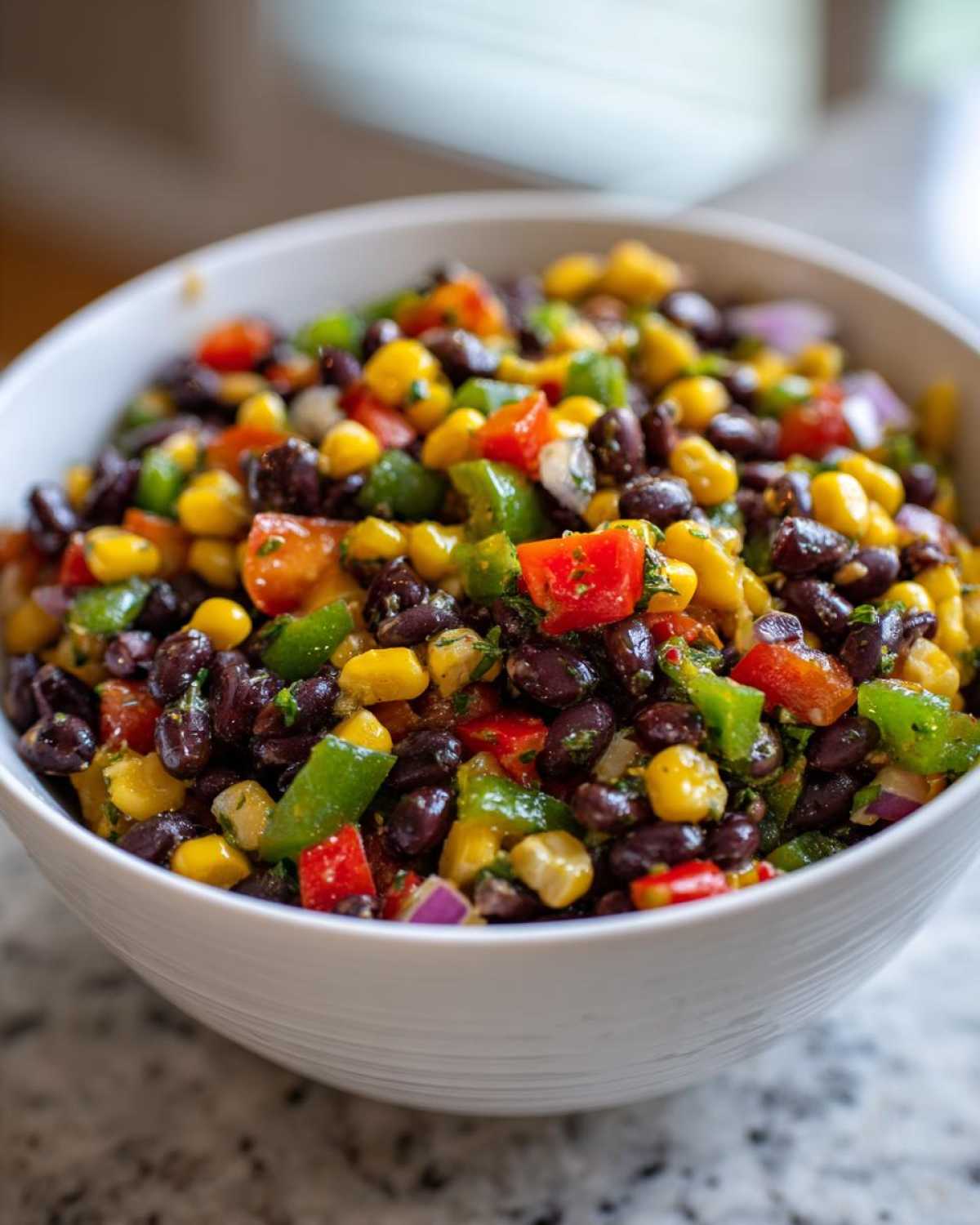 Close-up of a white bowl filled with vibrant cowboy caviar recipe, featuring black beans, corn, peppers, and tomatoes.