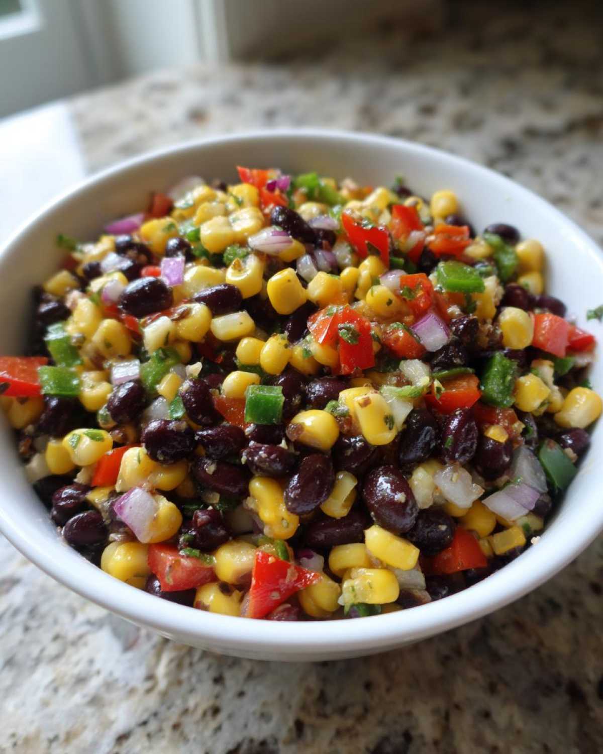 Close-up of a vibrant cowboy caviar recipe featuring black beans, corn, red peppers, and onions in a white bowl.