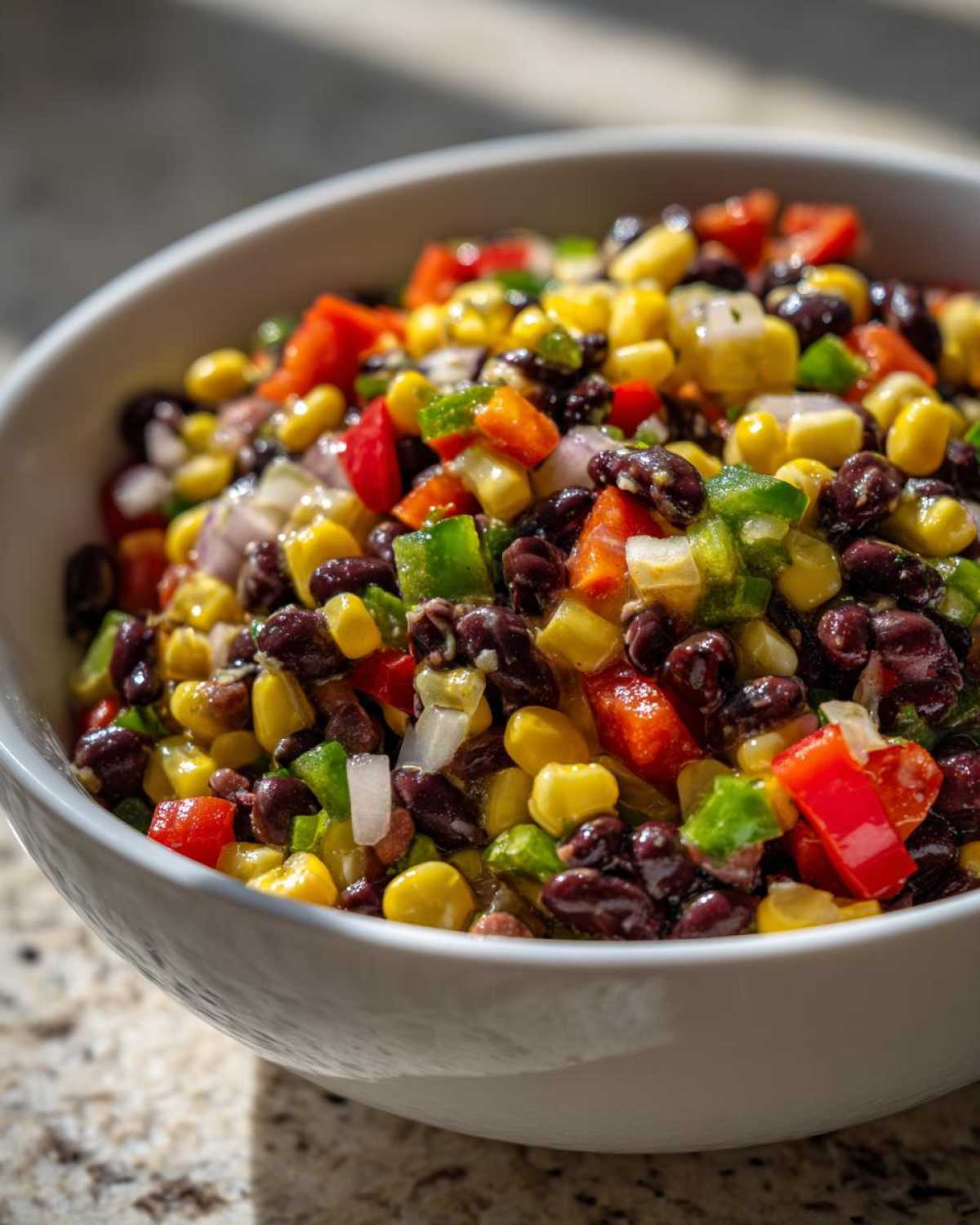 Close-up of a white bowl filled with vibrant cowboy caviar recipe, featuring black beans, corn, red peppers, and green peppers.