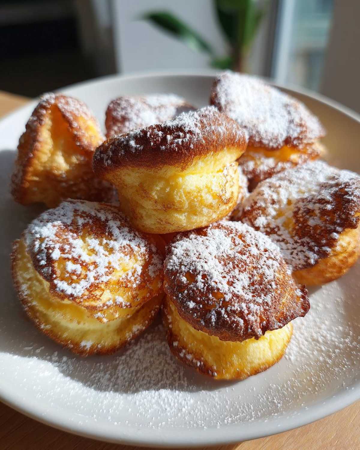 A plate piled high with golden brown Cozy Morning Mini German Pancakes dusted generously with powdered sugar.