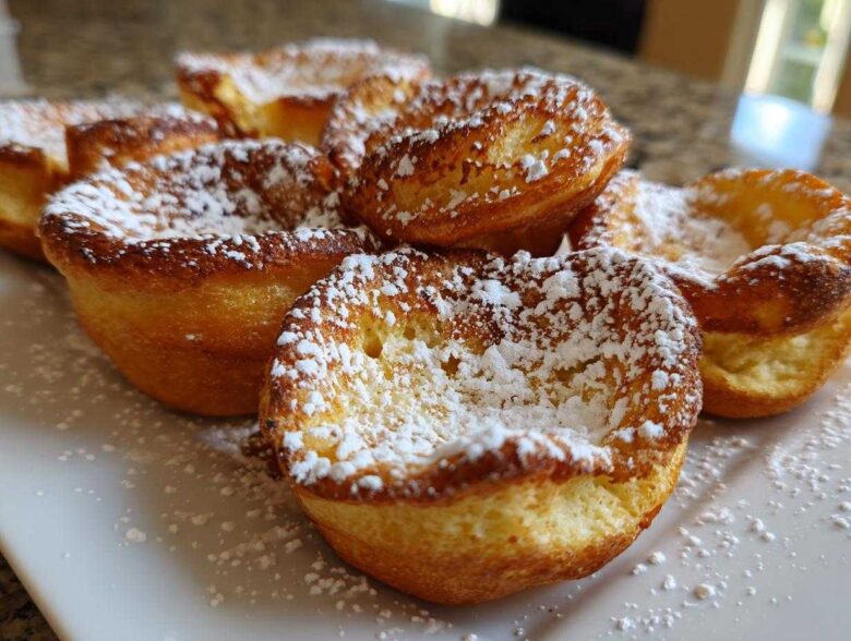 A pile of golden-brown Cozy Morning Mini German Pancakes dusted heavily with powdered sugar on a white plate.