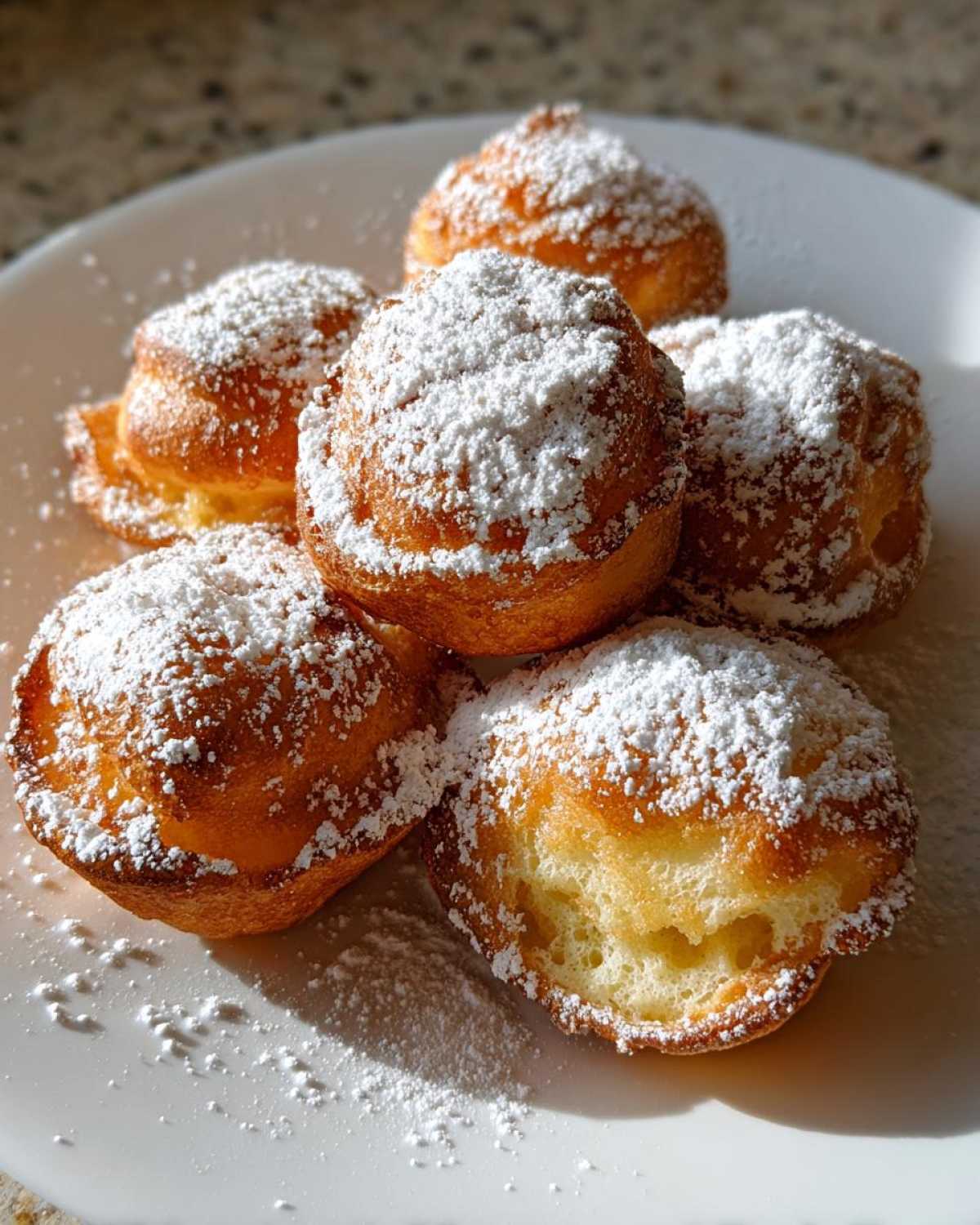 Close-up of five golden-brown Cozy Morning Mini German Pancakes generously dusted with white powdered sugar on a white plate.