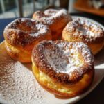 Four golden brown Cozy Morning Mini German Pancakes dusted heavily with powdered sugar on a white plate.