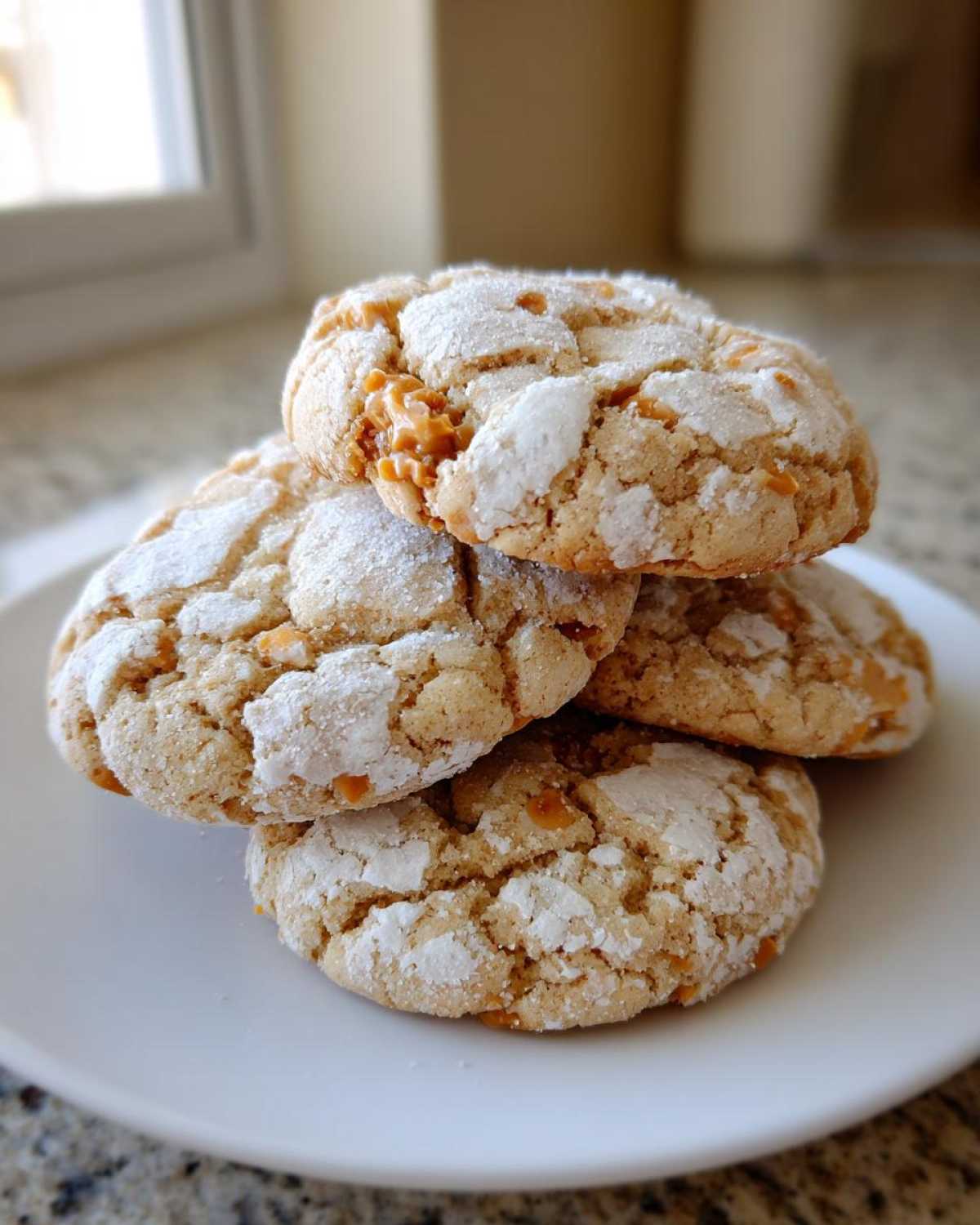 A stack of four crackly sugar cookies with rich toffee bits inside, dusted with powdered sugar, resting on a white plate.