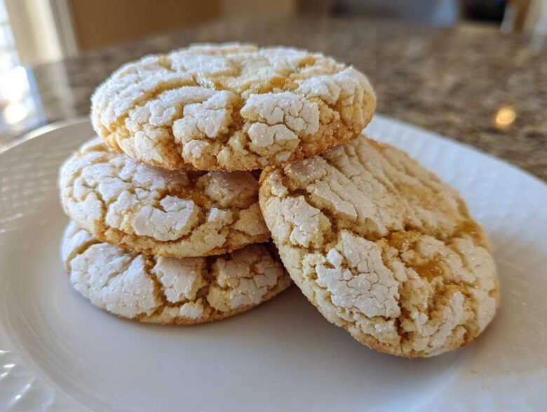 A stack of four Crackly Sugar Cookies With Rich Toffee Bits Inside resting on a white plate.