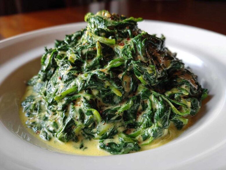 A close-up of rich, dark green creamed spinach served in a white bowl, coated in a creamy yellow sauce.